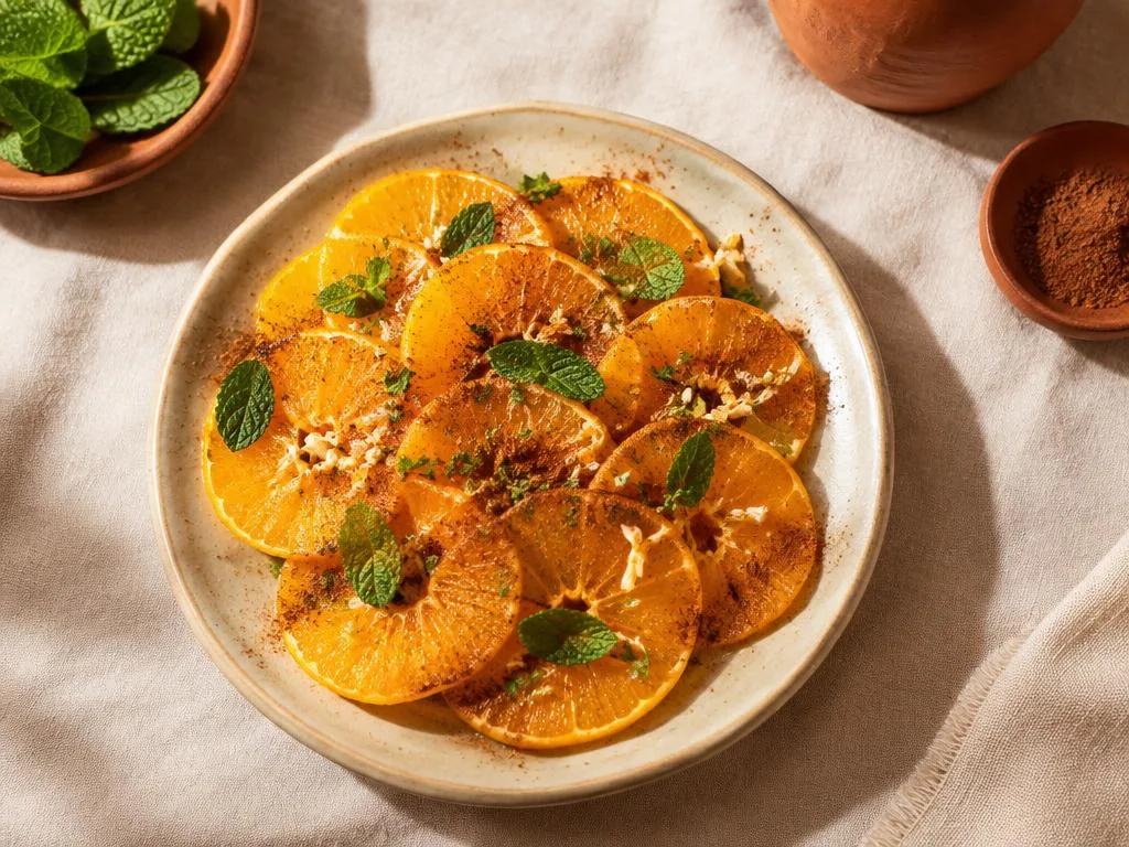 Rondelles d'orange disposées en rosace, saupoudrées de cannelle et d'amandes effilées