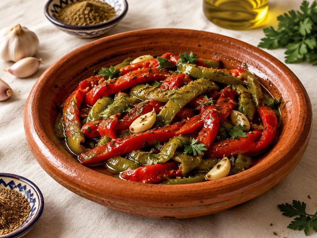 Lamelles de poivrons grillés marinés à l'ail et au cumin, parsemées de persil