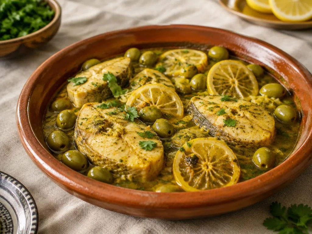 Darnes de poisson mijotées dans une sauce dorée aux olives et citron confit