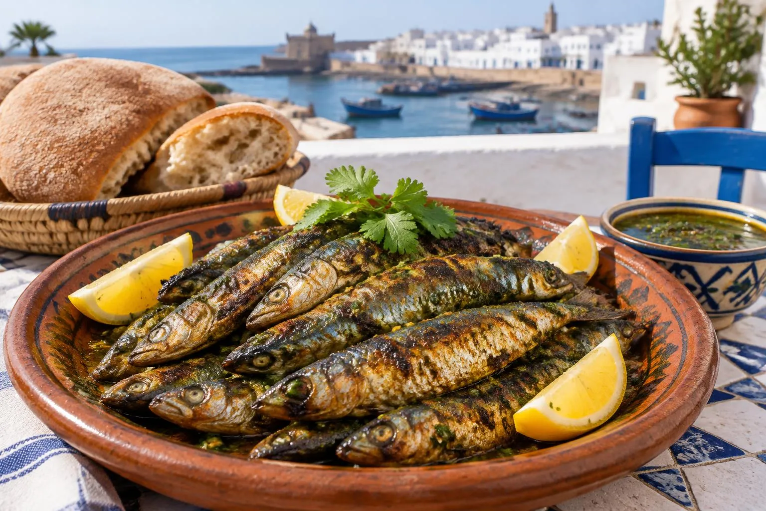 Sardines marocaines marinées à la chermoula, grillées, servies avec citron et pain, cuisine côtière marocaine