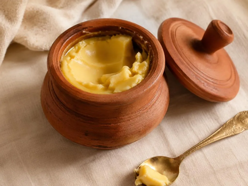 Smen, beurre marocain fermenté, dans un petit pot traditionnel en terre cuite avec une cuillère en laiton