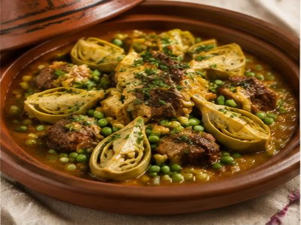 Tajine d'agneau aux artichauts et petits pois, cuisine marocaine de printemps