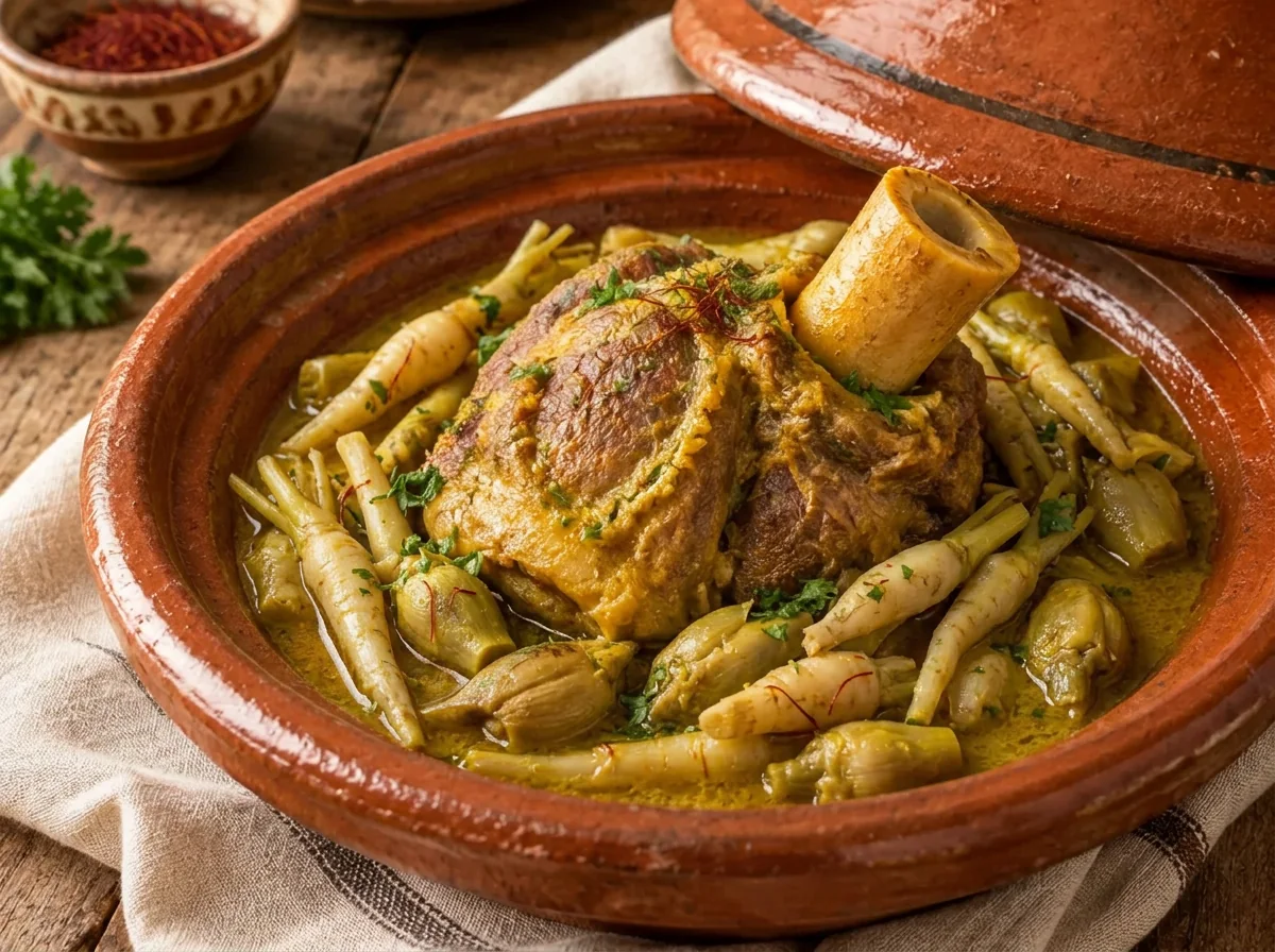 Tajine de jarret de veau aux chardons sauvages (guernina), cuisine de Fès