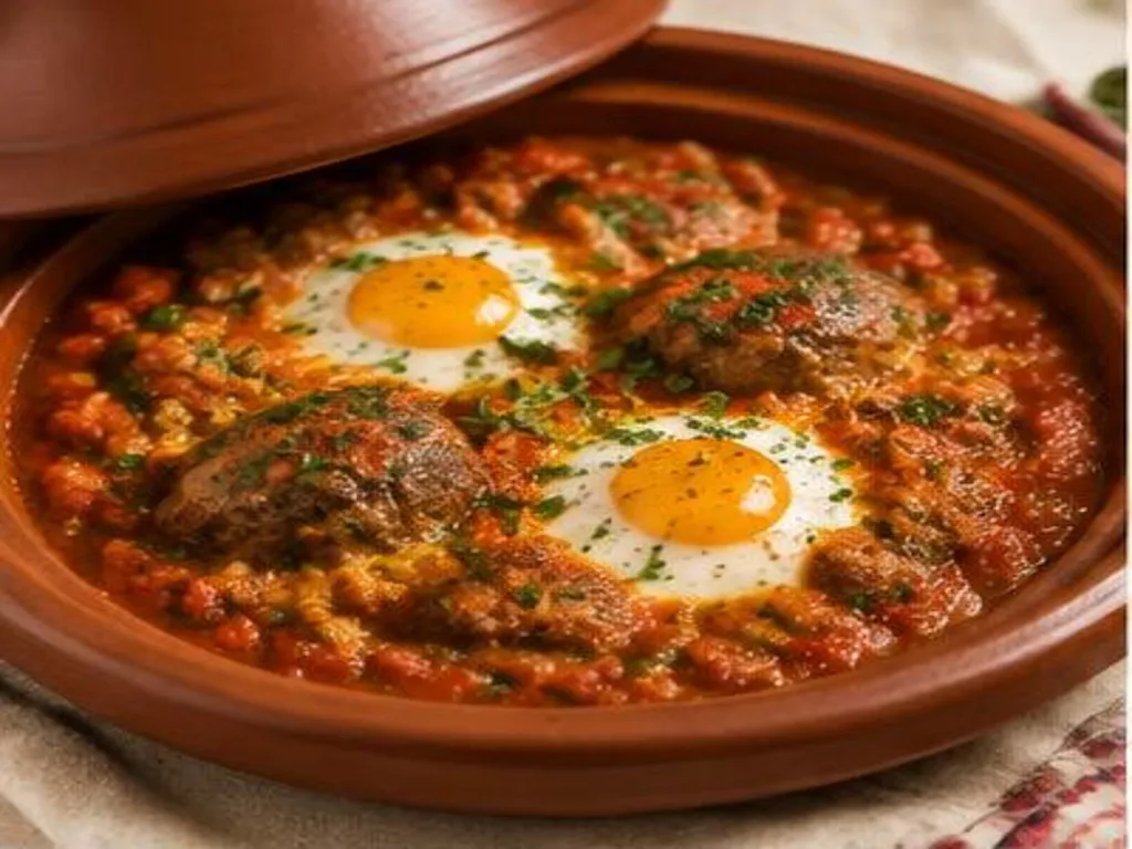 Tajine de kefta aux œufs pochés dans une sauce tomate épicée