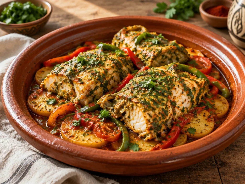 Tajine de poisson marocain aux tomates et poivrons, cuisine côtière