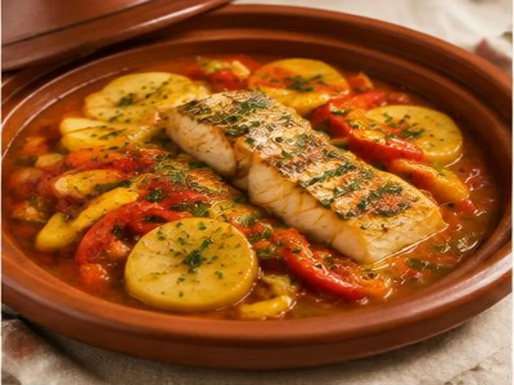 Tajine de poisson marocain aux tomates et poivrons, cuisine côtière