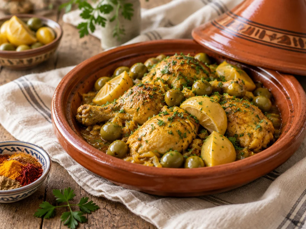Tajine de poulet aux olives et citron confit, tradition de Rabat-Salé