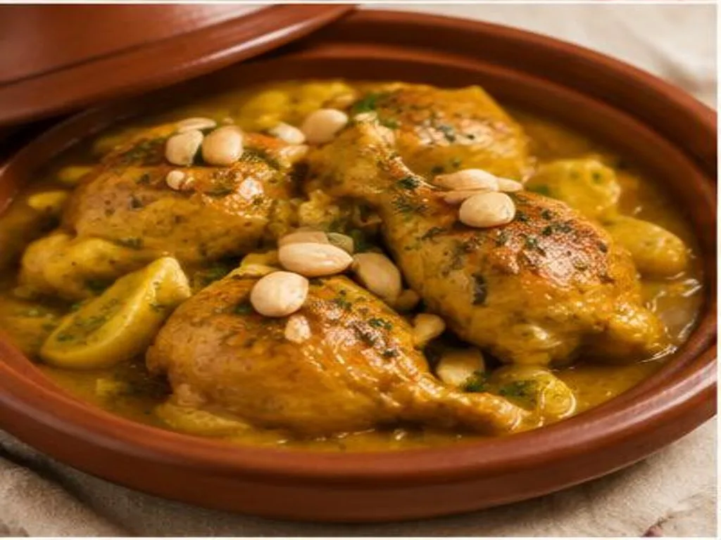 Tajine de poulet m'hamr, doré au safran et garni d'amandes
