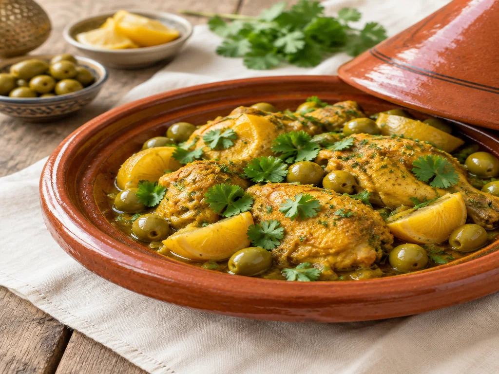 Tajine de poulet doré aux olives vertes et citron confit