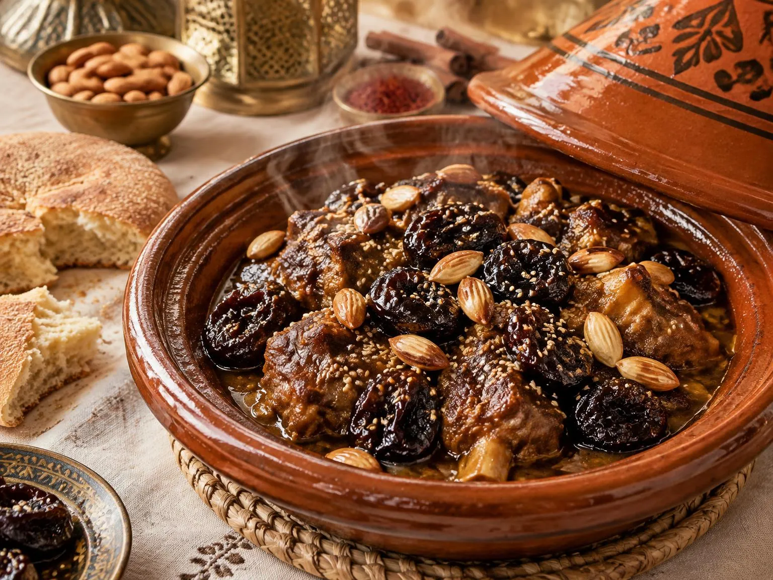 Tajine de viande aux pruneaux et amandes, sauce caramélisée à la cannelle, cuisine de Fès