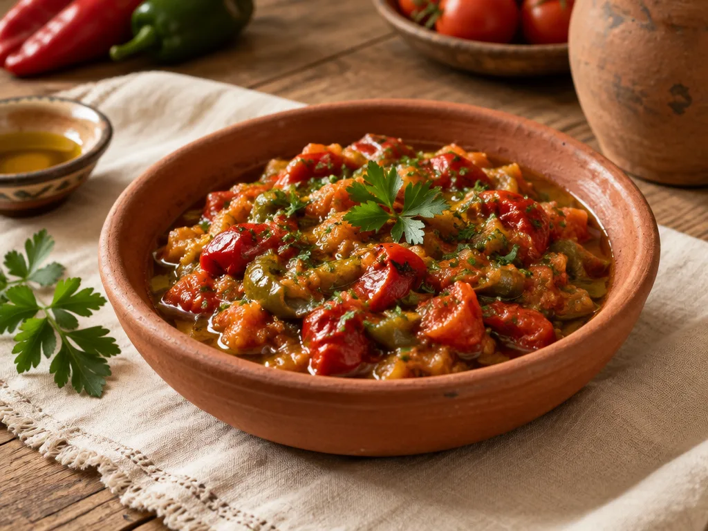 Taktouka, compotée tiède de poivrons grillés et tomates