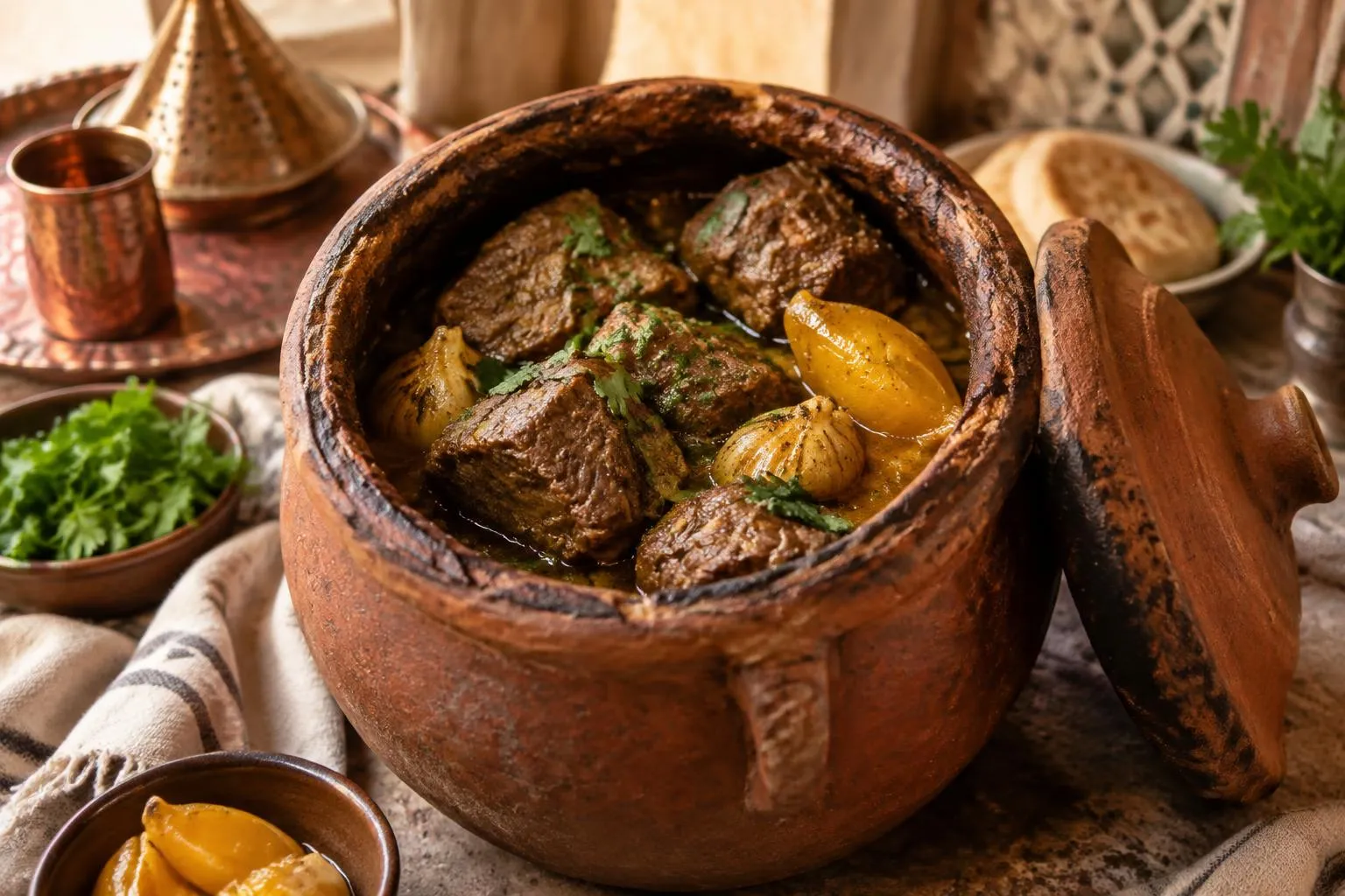 Tanjia marrakchia, viande de bœuf mijotée longuement dans son urne en terre cuite, cuisine de Marrakech