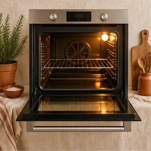 Four de cuisine avec porte ouverte et lumière intérieure chaude