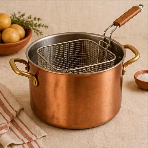 Bassine à friture en cuivre avec panier métallique