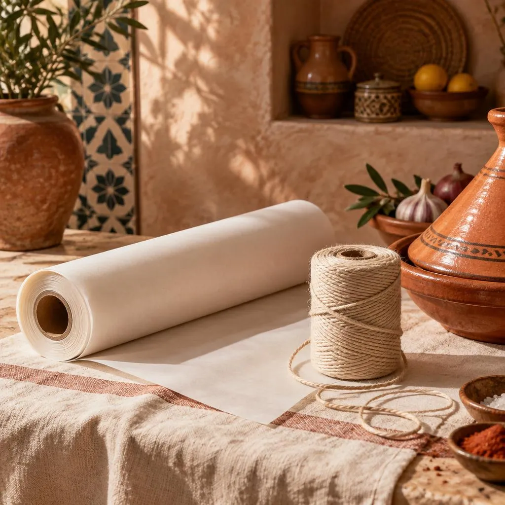 Rouleau de papier boucher et bobine de ficelle de cuisine sur une table en terre cuite