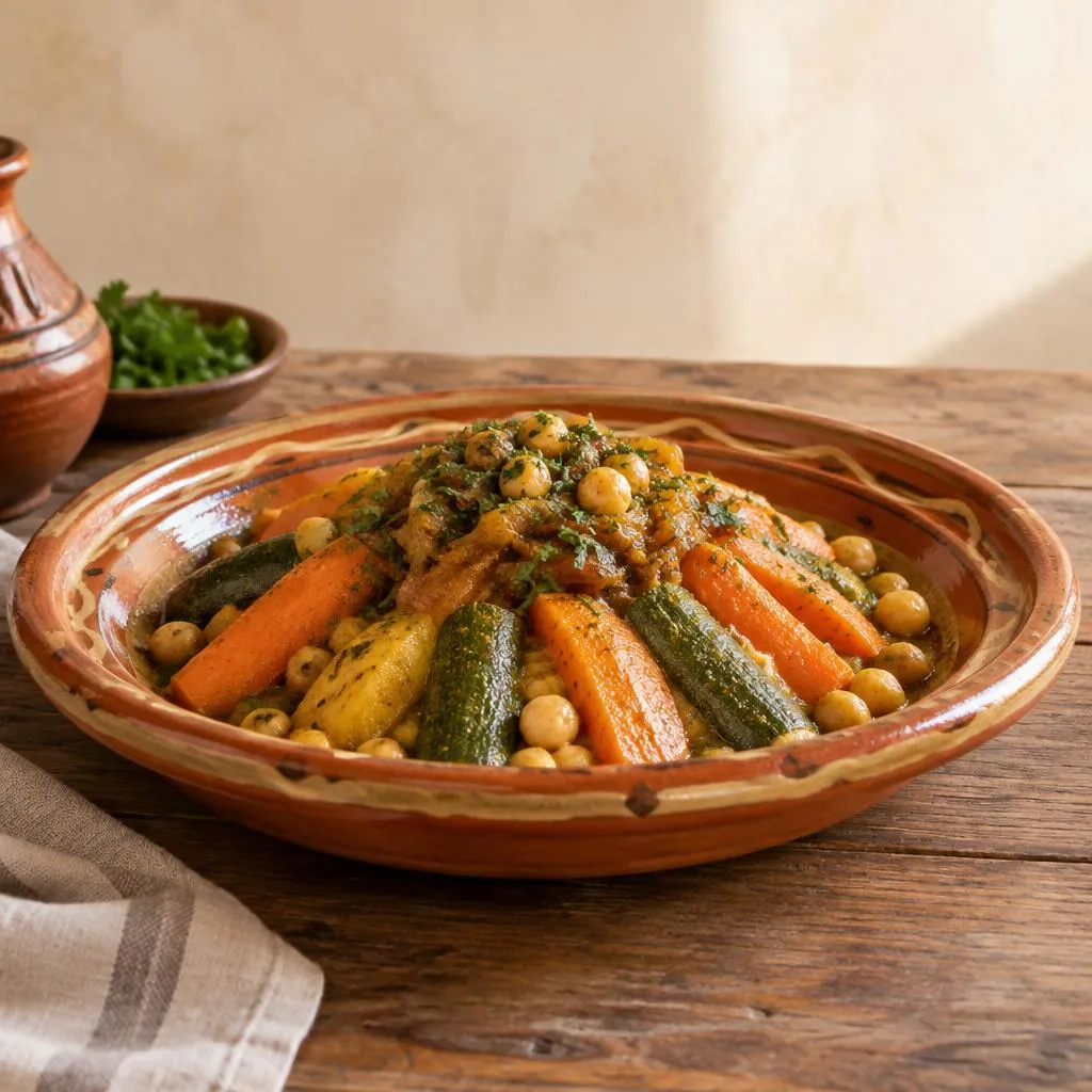 Grand plat de service en terre émaillée rempli de légumes