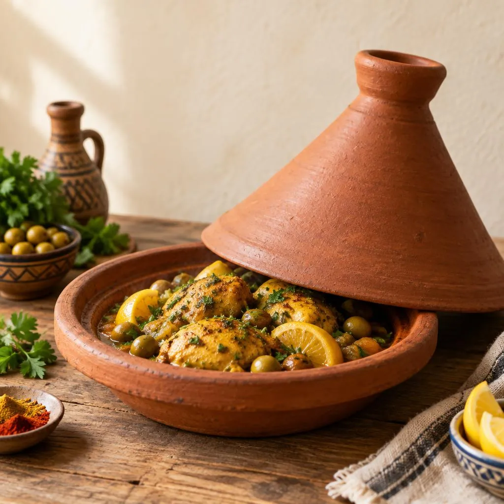 Tajine en terre cuite avec son couvercle conique posé sur la marmite